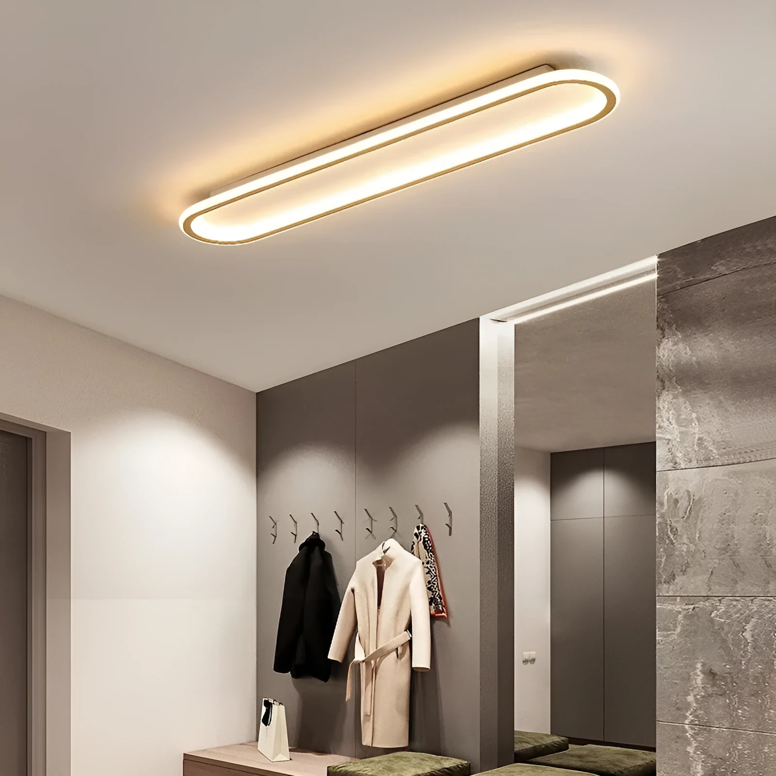 Aluminium strip ceiling lamp with PVC shade in choice of colours and lighting options