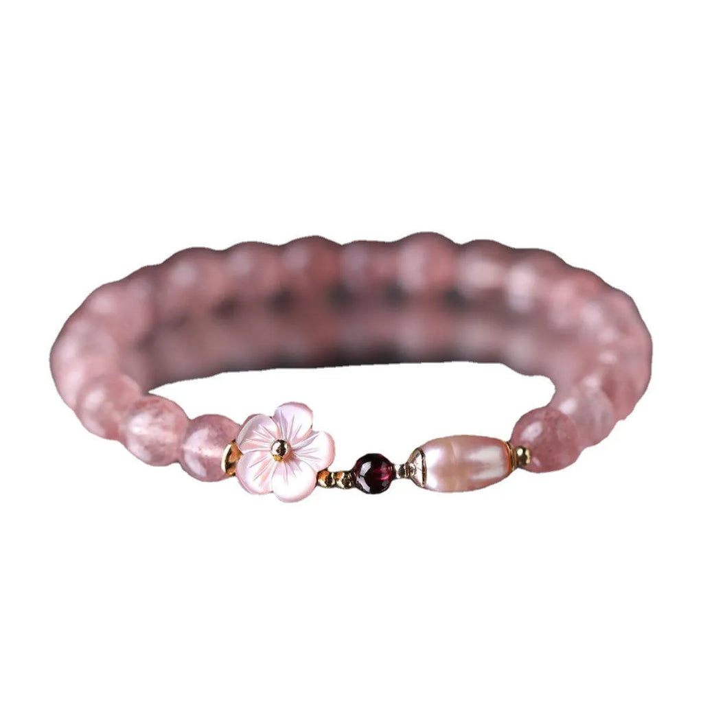 Strawberry quartz peach blossom crystal bracelet for women with flower design and adjustable sizing