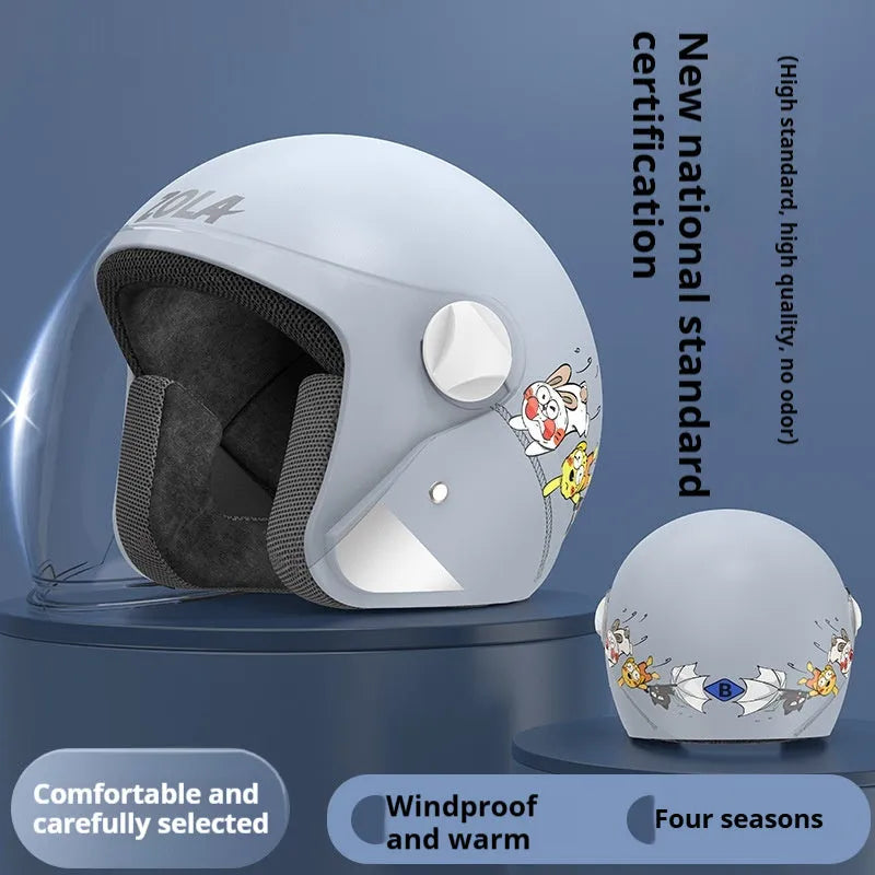 Blue winter electric bicycle helmet with anti-fog visor and attached neck scarf.