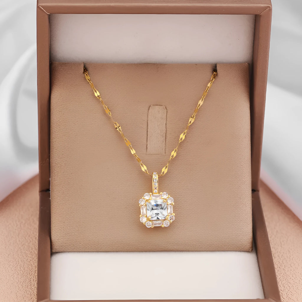 Women's gold-plated titanium steel clavicle chain necklace with geometric design and mixed gem inlaid zircon pendants