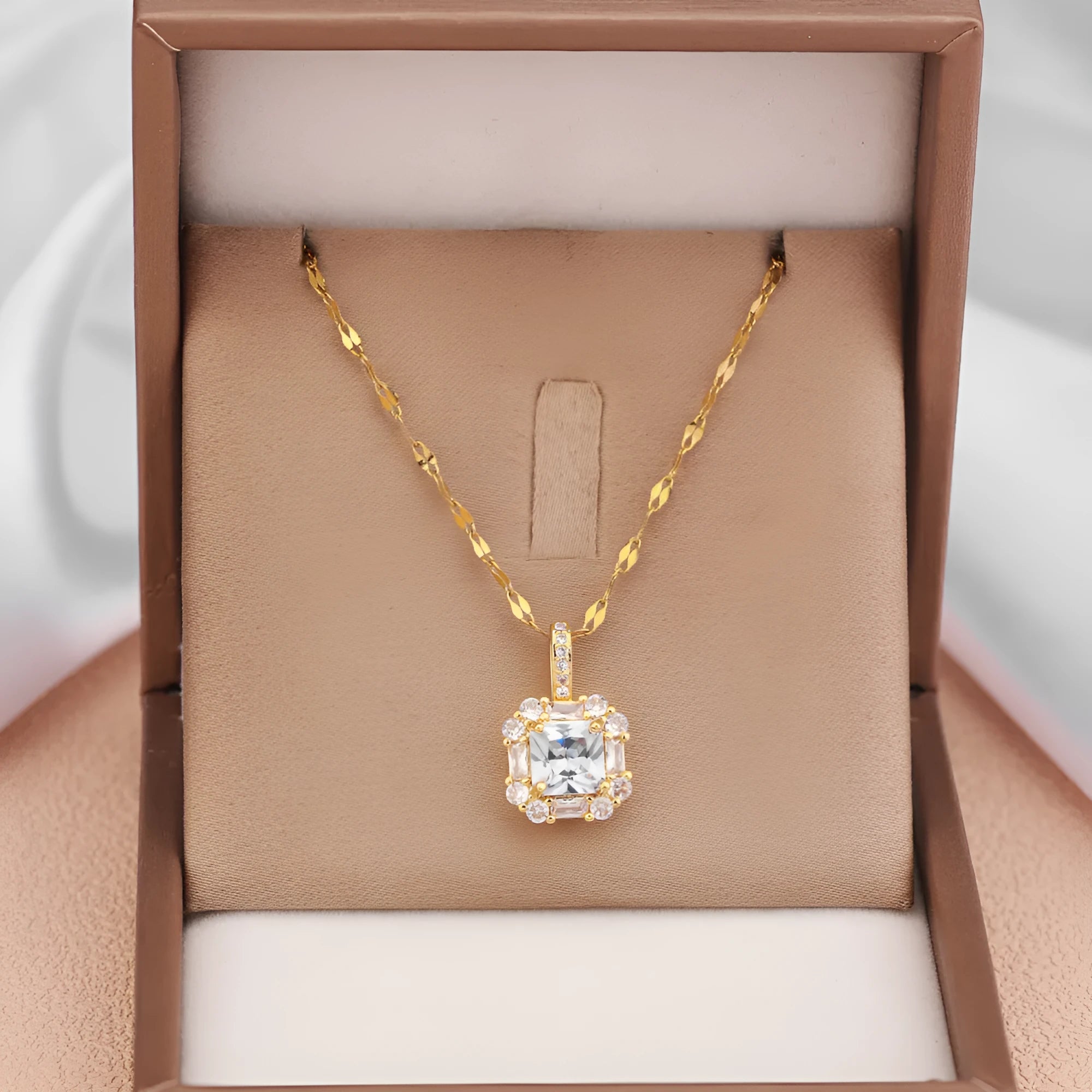 Women's gold-plated titanium steel clavicle chain necklace with geometric design and mixed gem inlaid zircon pendants