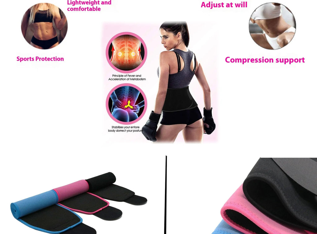 Neoprene lumbar support belt for adult fitness and running activities in black, blue, or pink