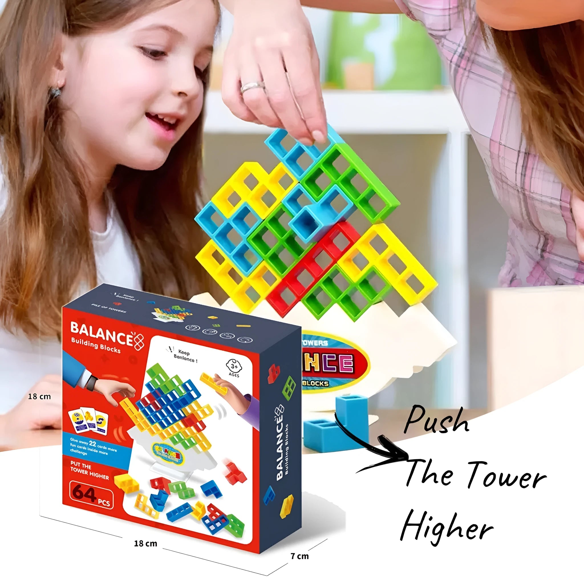 Plastic balance stacking game with 16 colourful building blocks, chassis, and base on a 26.5cm board.