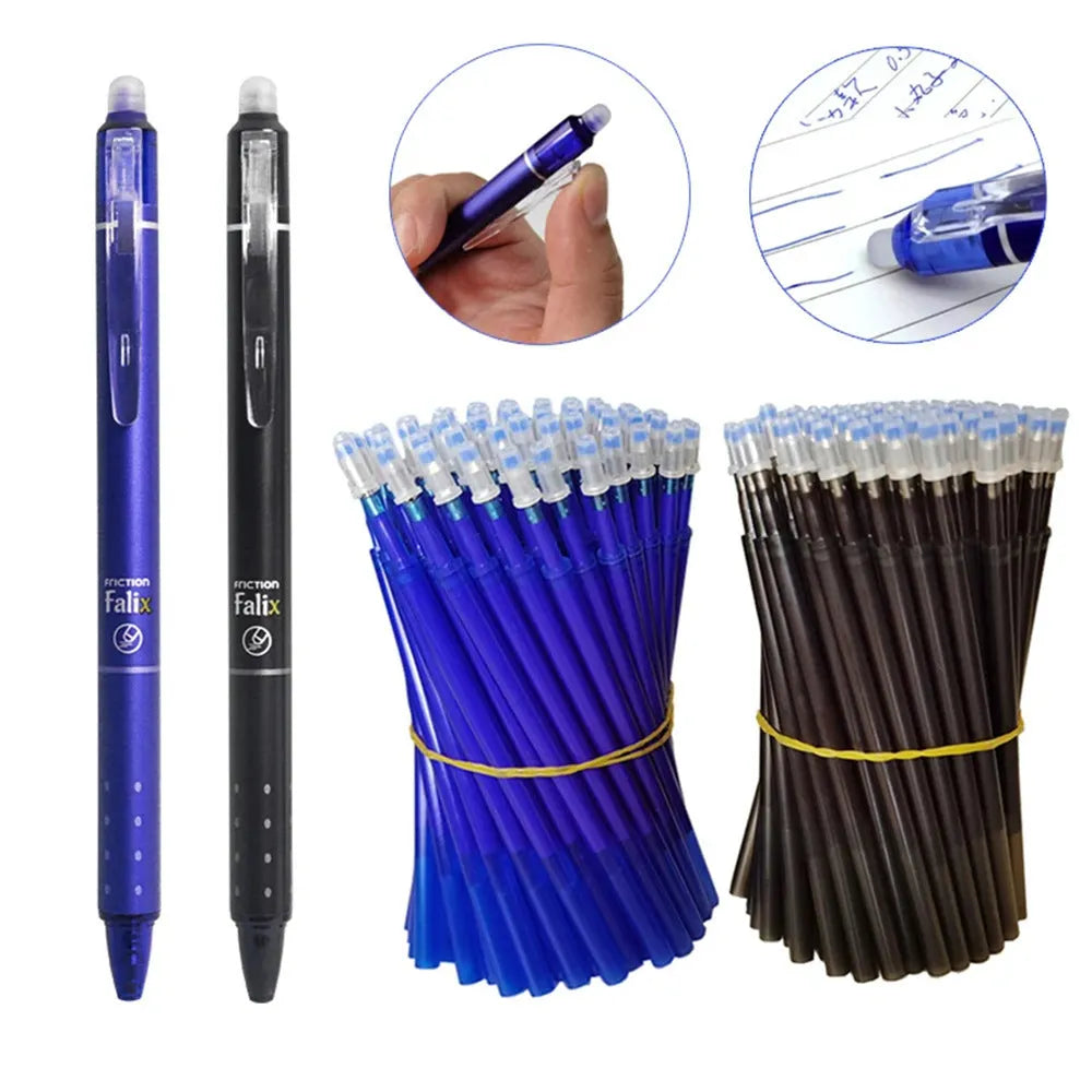 Hot erasable push gel pen with 0.5mm stainless steel nib and plastic shell in blue or black ink