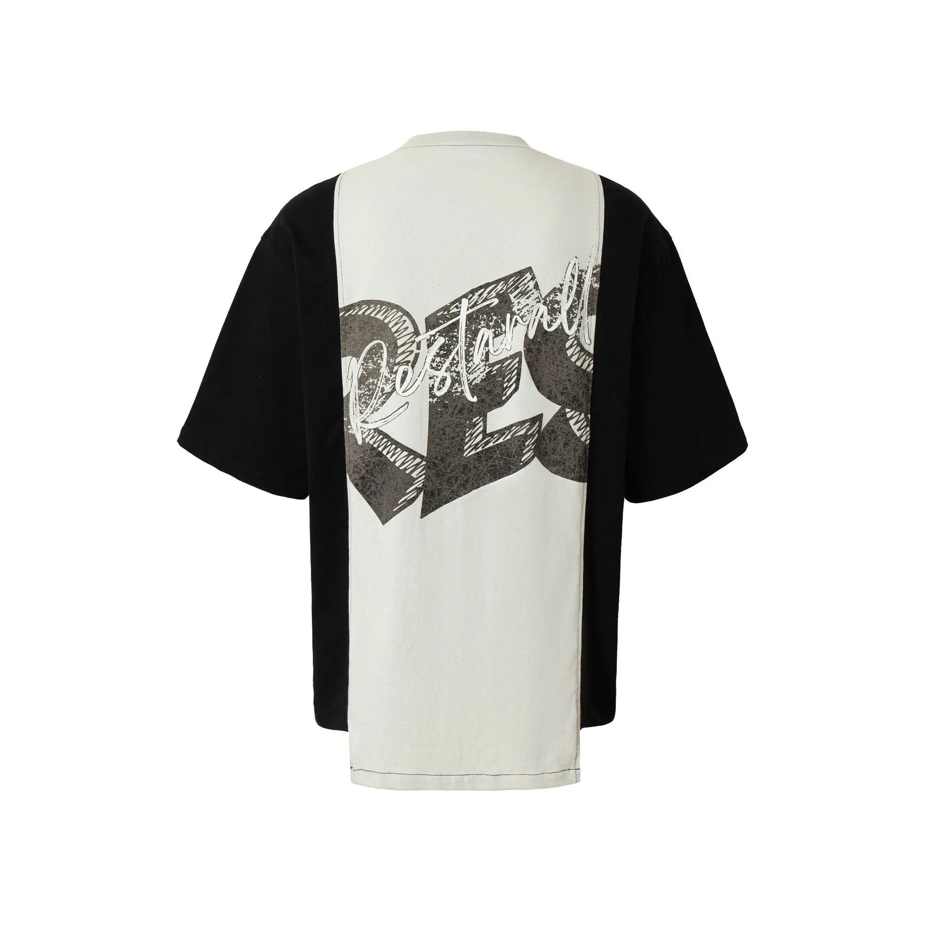 Mens loose black and white deconstruction print cotton t-shirt on a model, showing short sleeves and streetwear style.