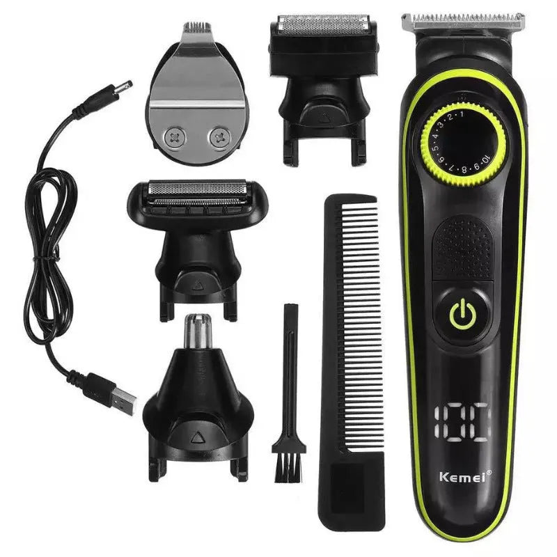 Black KM-696 rechargeable electric hair clipper set with stainless steel blade and cleaning brush