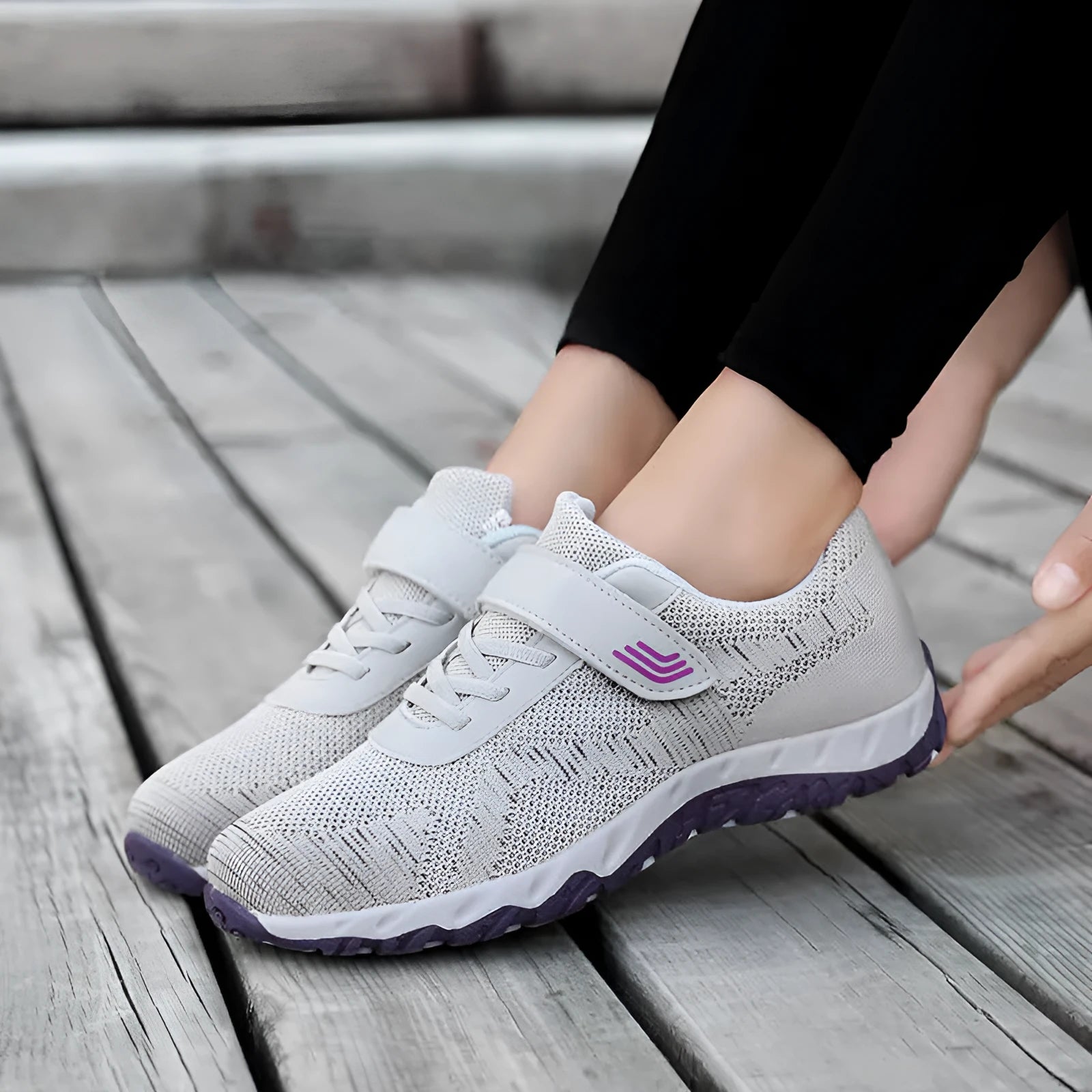 Women's low-top grey purple wedge heel shoes with velcro strap and breathable mesh upper.