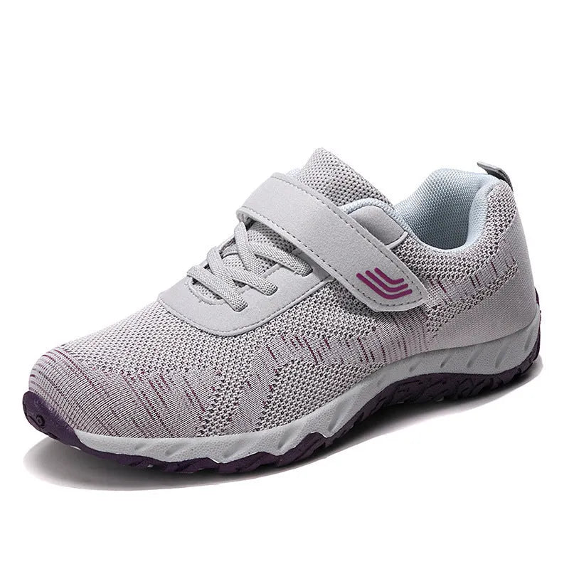 Women's low-top grey purple wedge heel shoes with velcro strap and breathable mesh upper.
