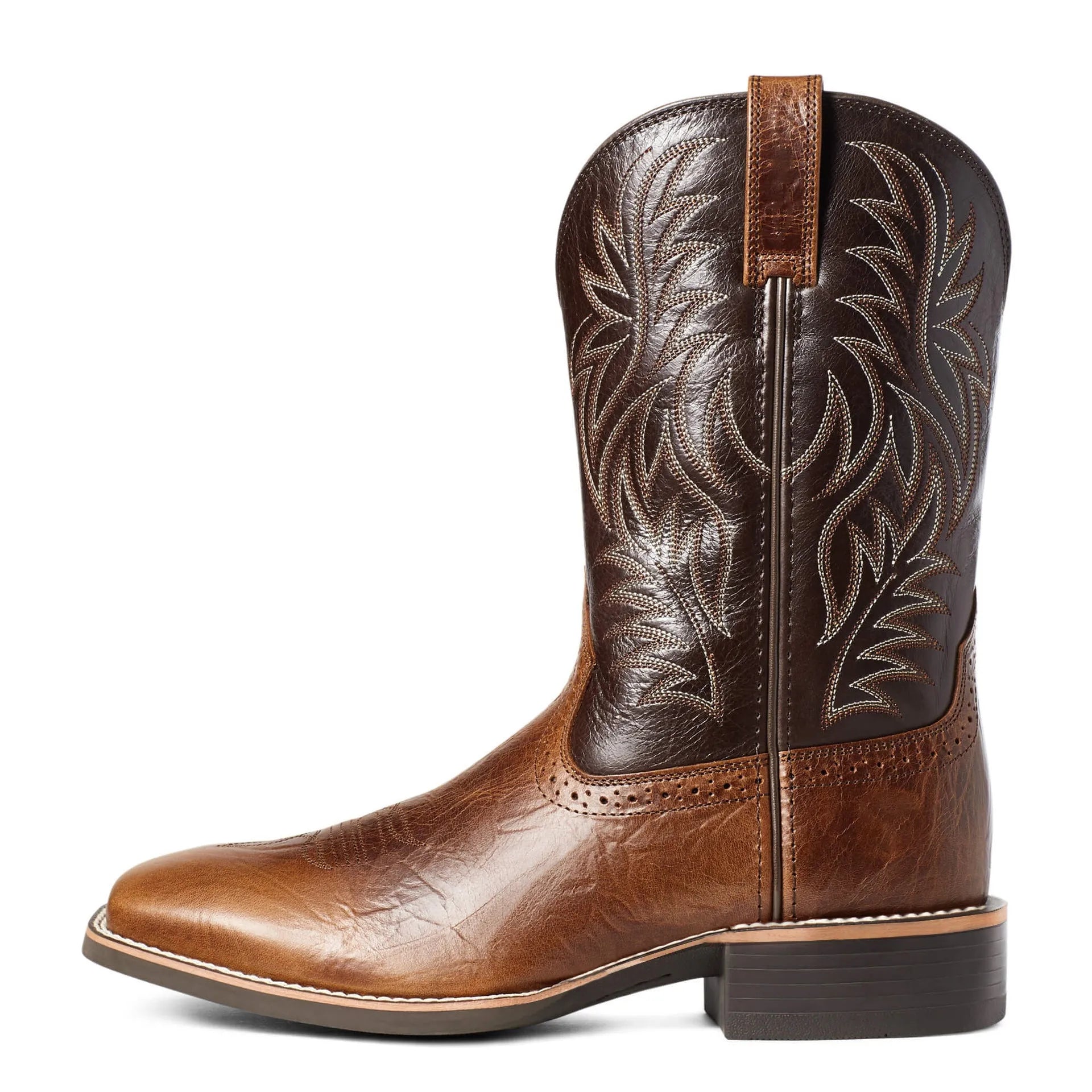 Men's black Western cowboy boots with high embroidery vintage pattern, square toe wide head design, and high cylinder construction