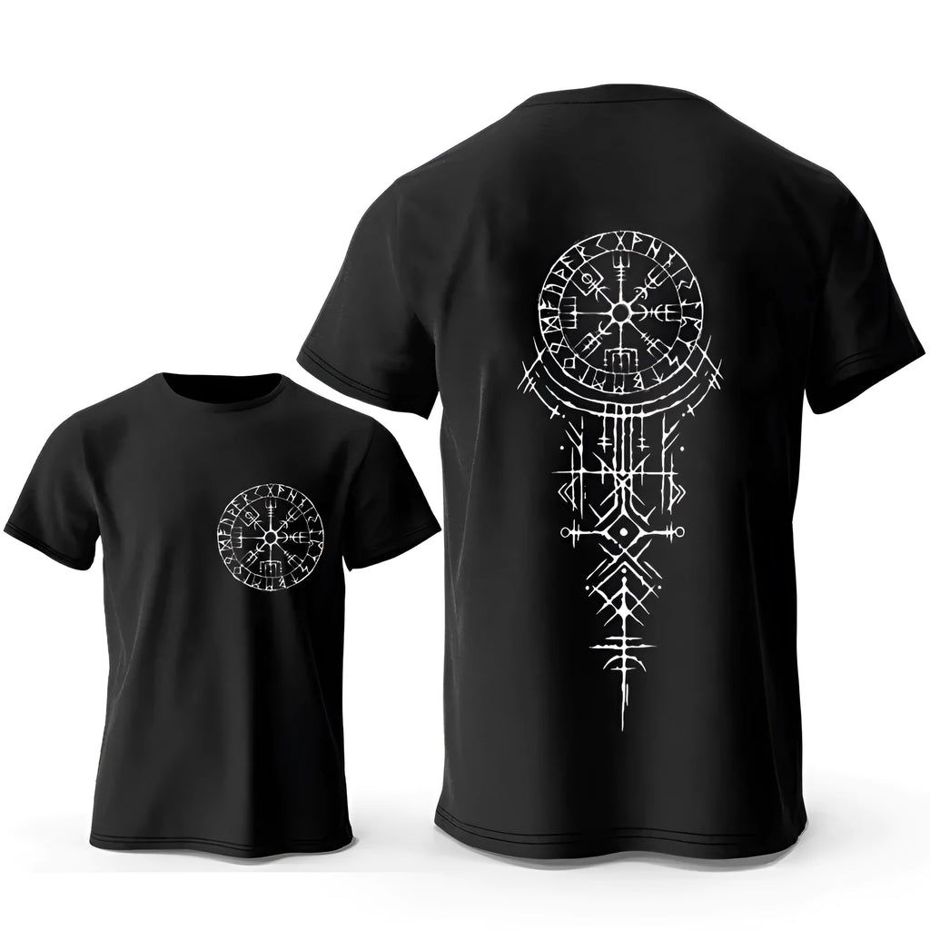 Men's grey T-shirt with a detailed Viking compass and smiling face graphic print on the chest.