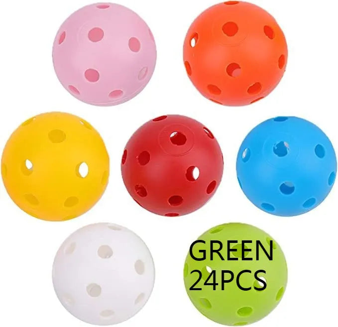 Six multi-colour 42mm golf practice balls in red, orange, blue, green, white, and yellow in a net.