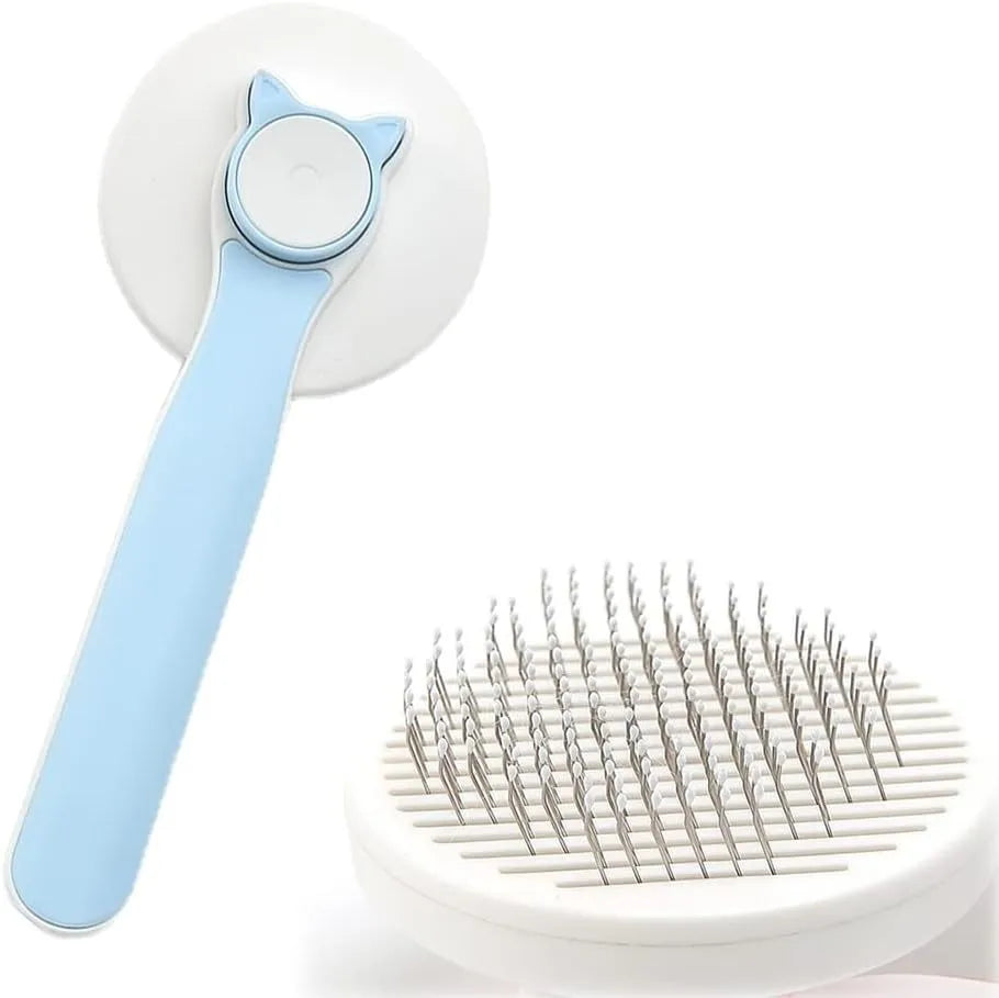 Self-cleaning cat brush with blue rubber handle and metal pins with rubber tips for pet grooming