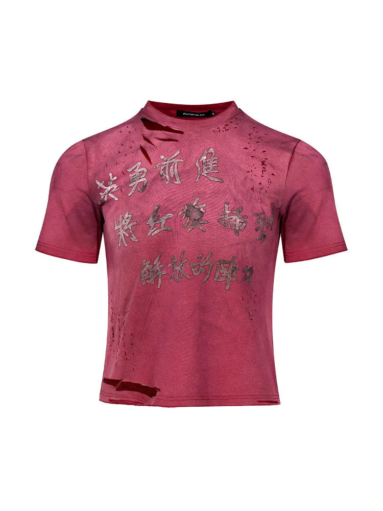Men's red slim-fit t-shirt with distressed spray-washed fabric texture