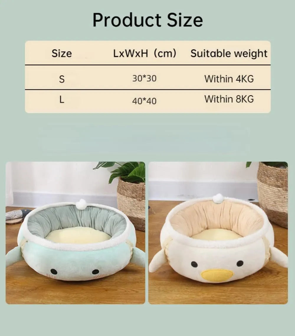 Green dinosaur and chick shaped cat bed shown both flat as a sofa and hanging as a hammock for small pets.