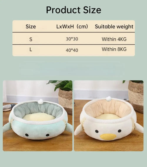 Green dinosaur and chick shaped cat bed shown both flat as a sofa and hanging as a hammock for small pets.