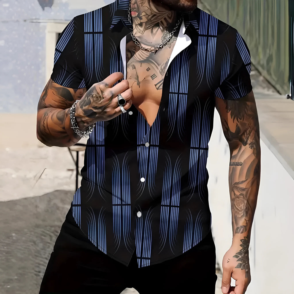 Men's slim fit short sleeve shirt with geometric line printing on the lapel, shown in a casual summer style.