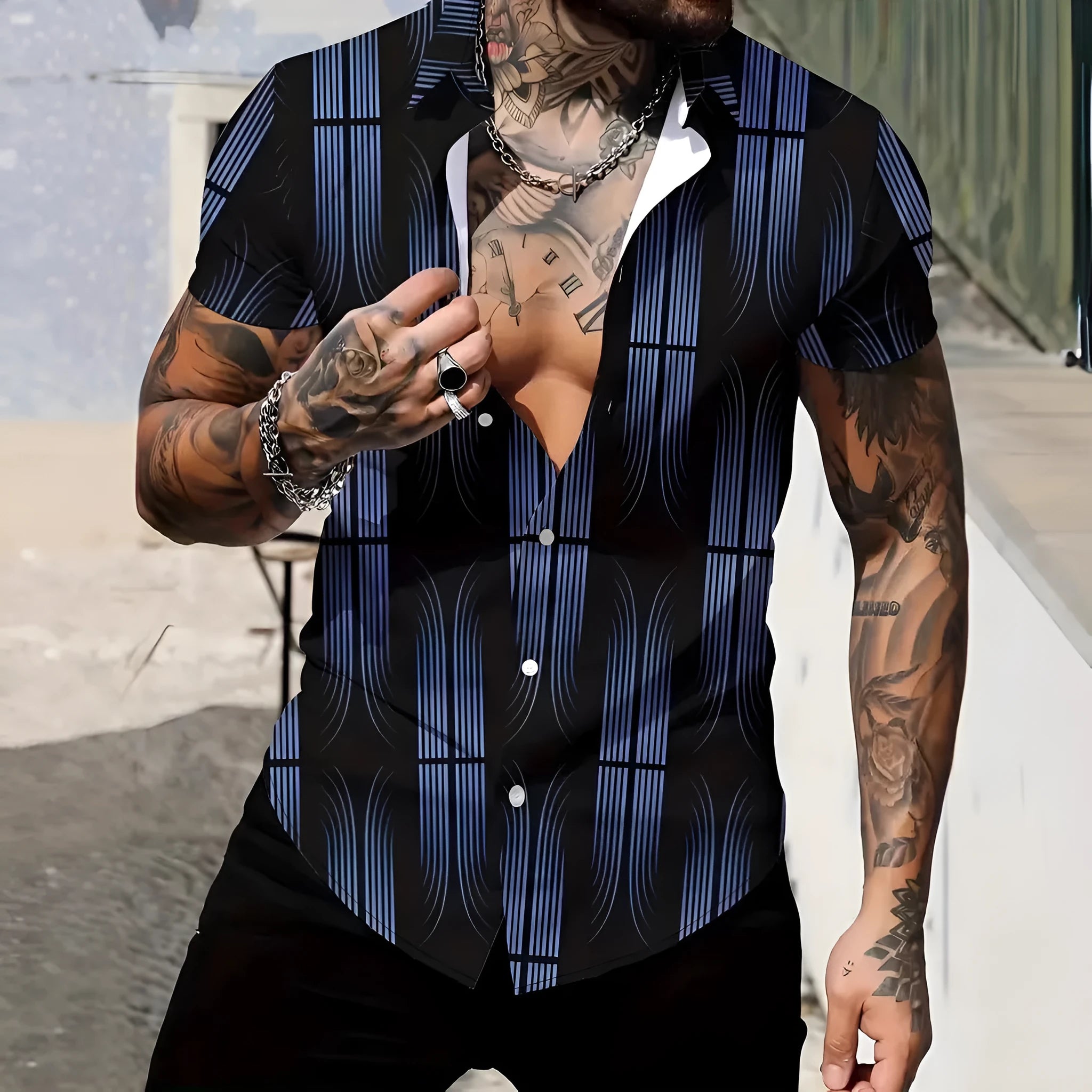 Men's slim fit short sleeve shirt with geometric line printing on the lapel, shown in a casual summer style.