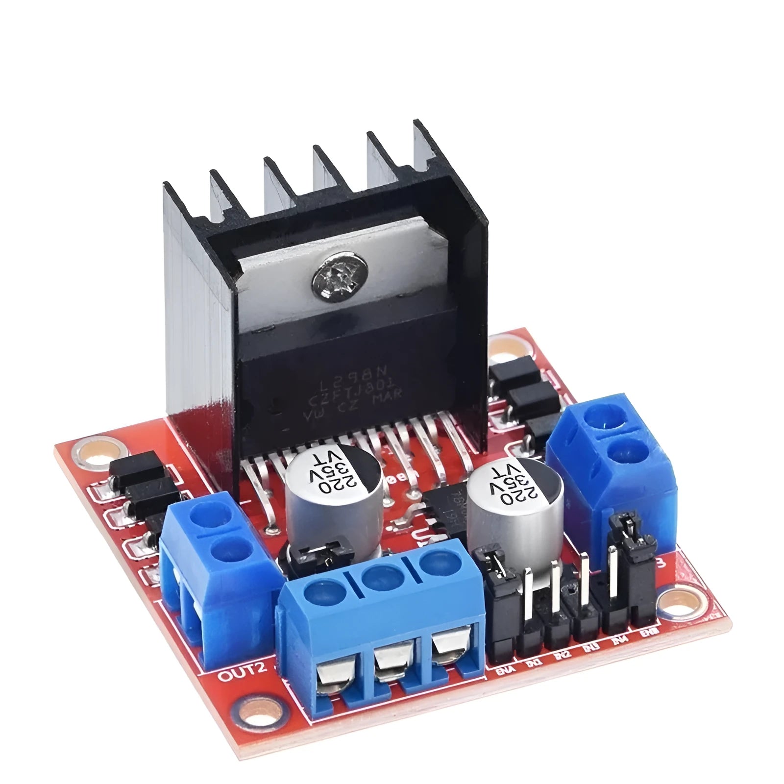 L298N dual H-bridge motor driver module board for DC and stepper motor control.