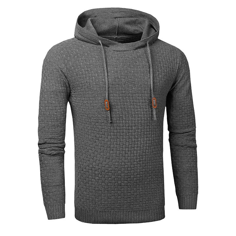Men's black cotton-polyester blend hooded sweatshirt laid flat, showing front design and hood.