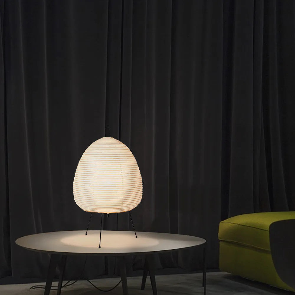 Japanese style rice paper table lamp with aluminium base and handmade shade showing three-tone dimming control