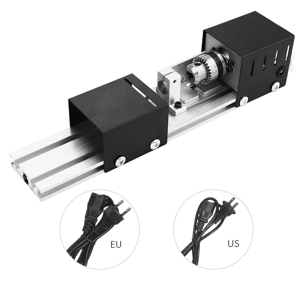 Silver metal mini woodworking lathe with 140mm capacity and included carving knives and wrenches on white background