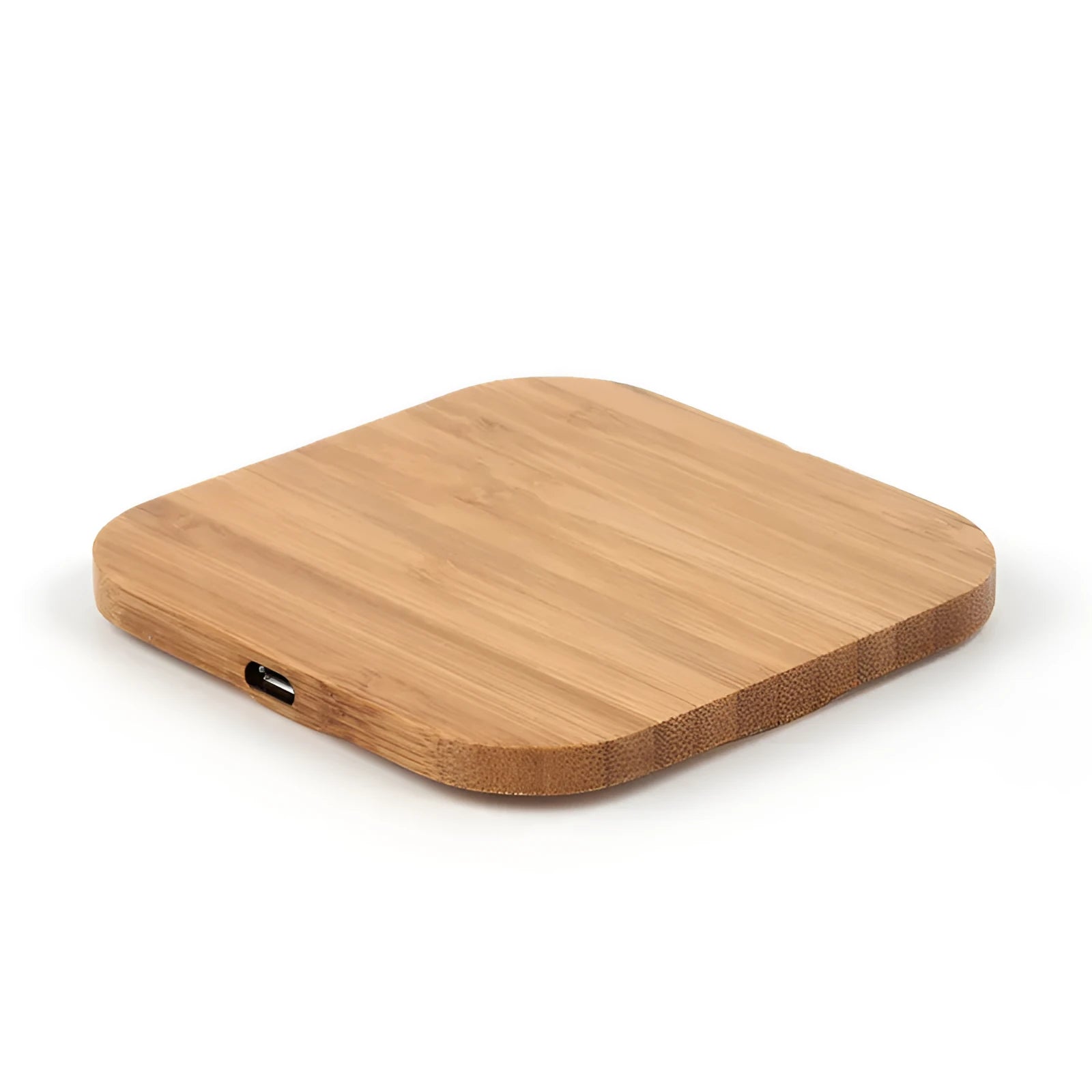 Brown wooden bamboo square 5W QI wireless charger on a desk