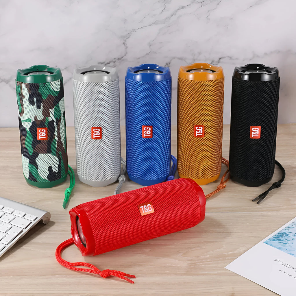 Fabric-covered portable Bluetooth speaker with integrated card holder slot in blue colour