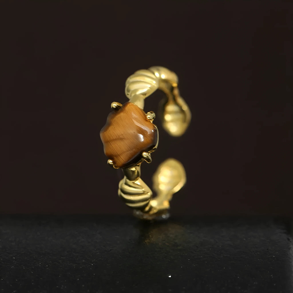 Adjustable silver ring with shell and tiger eye design in white gold or 18K gold electroplated finish