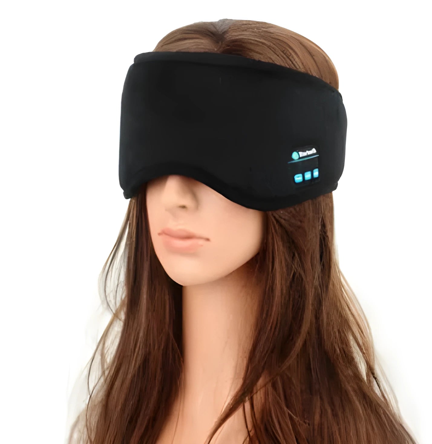 Black Bluetooth sleep eye mask with integrated small earphones showing head-mounted design