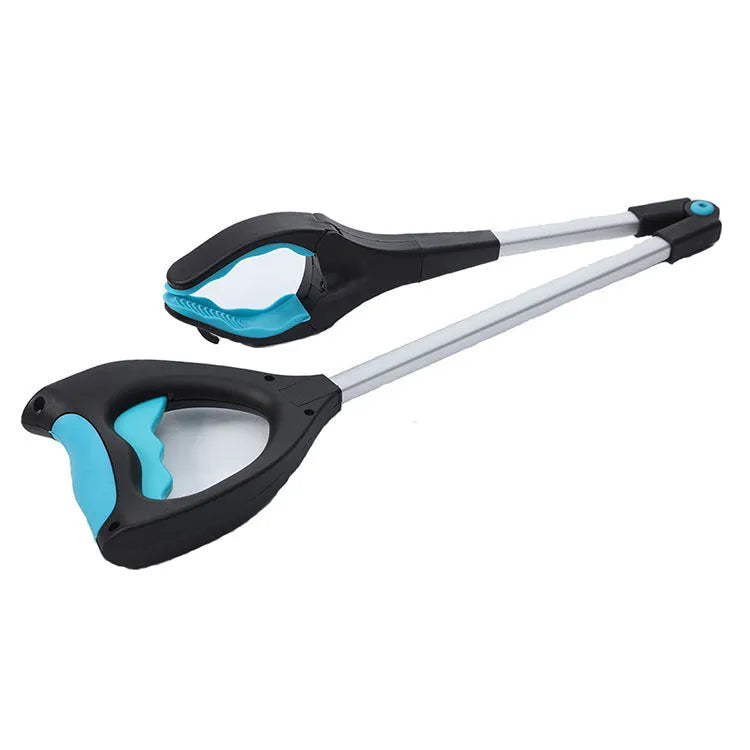 Blue foldable golf ball retriever with extended aluminium shaft and TPR grabber head.