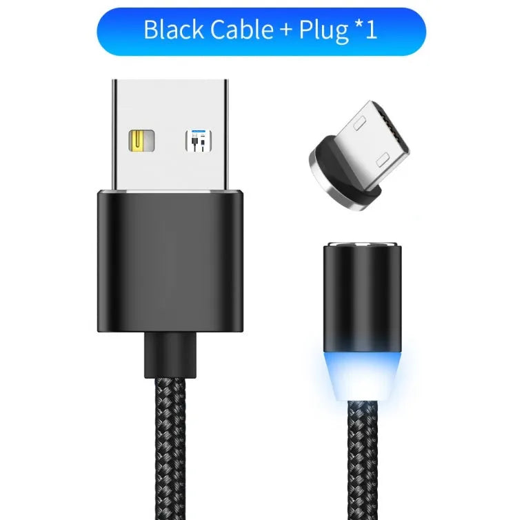 YBD black and red braided magnetic charging cable with Lightning, Micro USB, and Type-C connectors on a table.