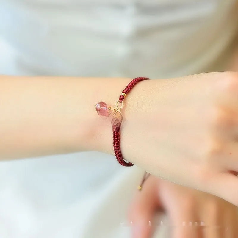 Natural Strawberry Quartz crystal bracelet with fruit-shaped design and adjustable length for women