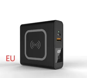 Black and white Super QI wireless charging power bank with integrated plug and international adaptors.