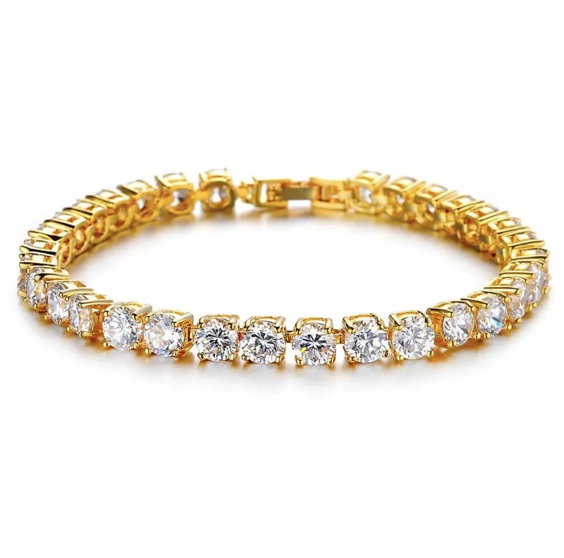 Men's iced out hip hop bracelet with single row rhinestones and zirconia tennis charm on geometric alloy chain links