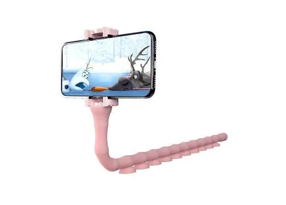 Flexible worm design mobile phone holder with suction cup mounted on desktop showing 360-degree rotation