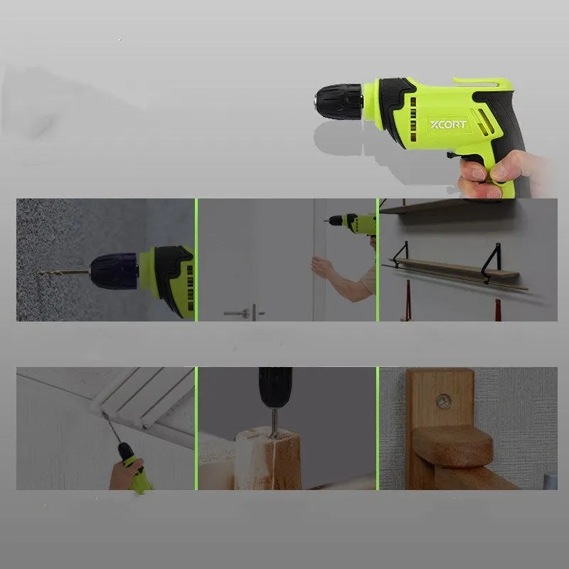 Pistol grip electric power drill with a 10mm keyed chuck on a workbench.