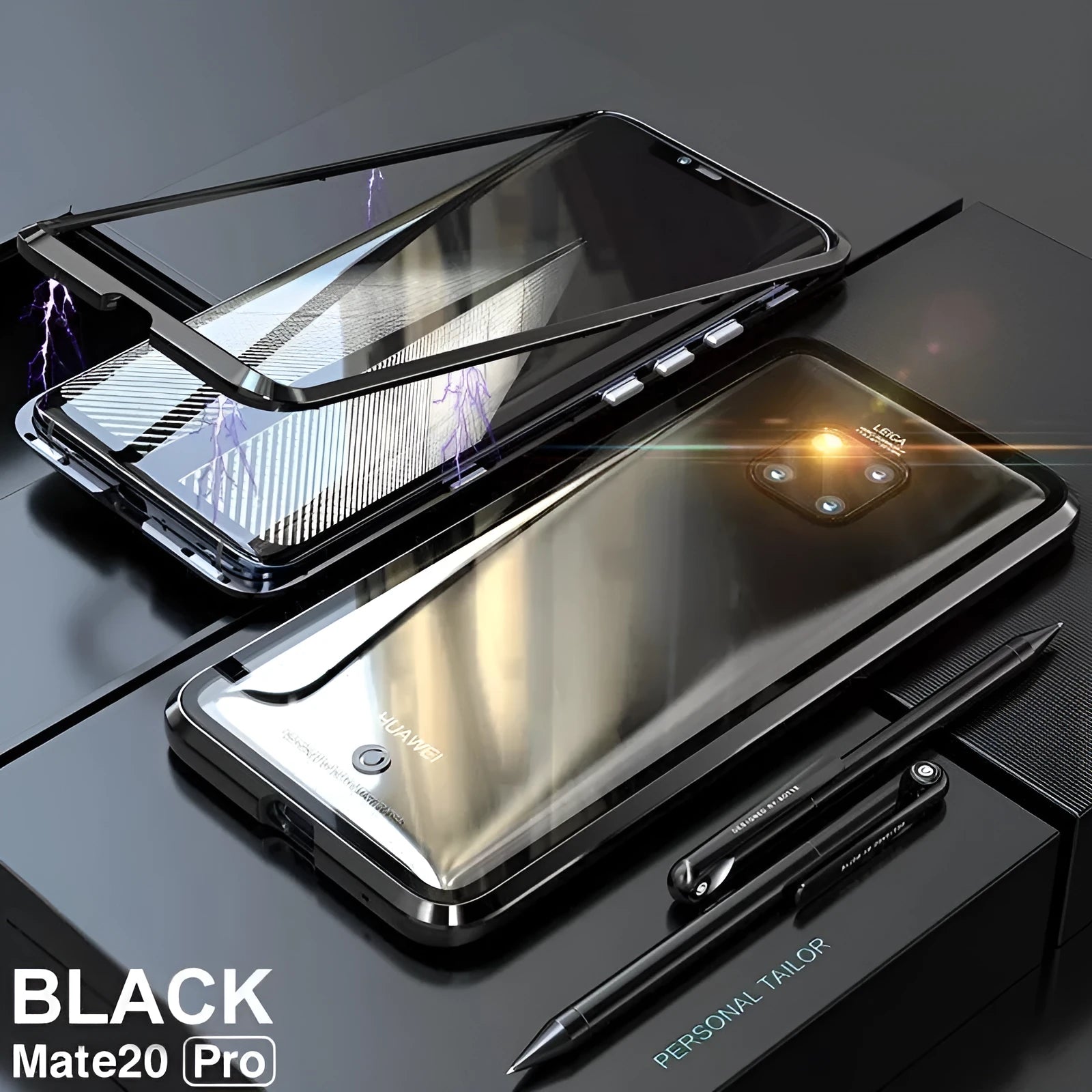 Metal magnetic phone case with tempered glass back showing phone design, available in black, blue, red, white