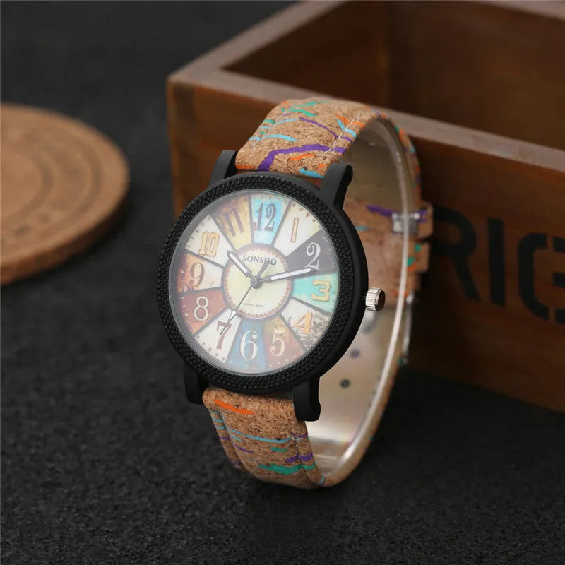 Vintage style women's leather strap quartz watch with round 37mm dial and stainless steel buckle.