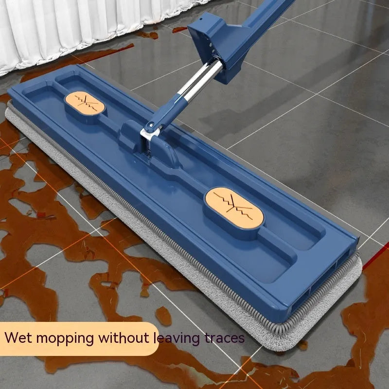 Large flat mop with long stainless steel handle and blue fine fibre cloth attached to a 360-degree rotating head.
