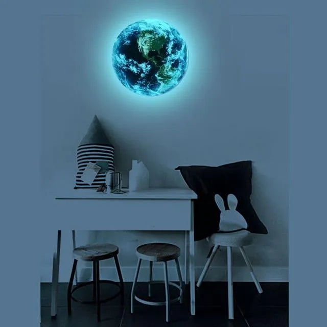 Luminous 3D Earth wall sticker glowing in dark on bedroom ceiling available in 30cm size