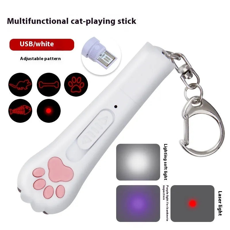 Infrared cat laser toy in blue plastic with five pattern projection functions and included cat teasing stick