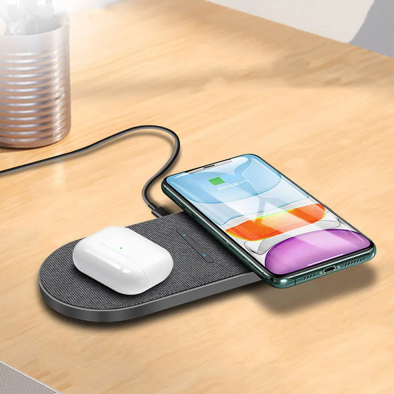 Two black wireless charging pads showing Type-C and USB ports with charging indicator lights