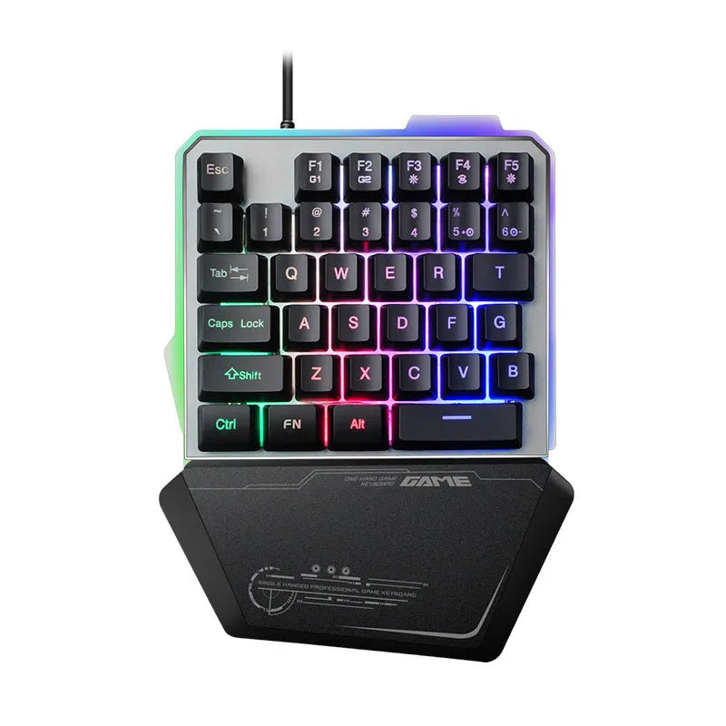 Black one-handed mechanical gaming keyboard with RGB backlit keys and USB cable