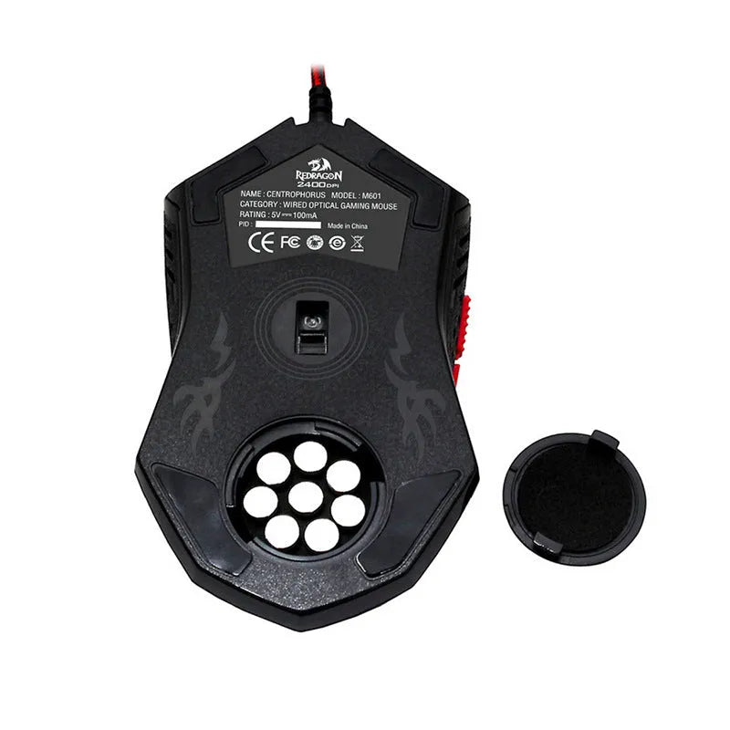 Black and red USB wired optical gaming mouse with six keys on an ergonomic shape.
