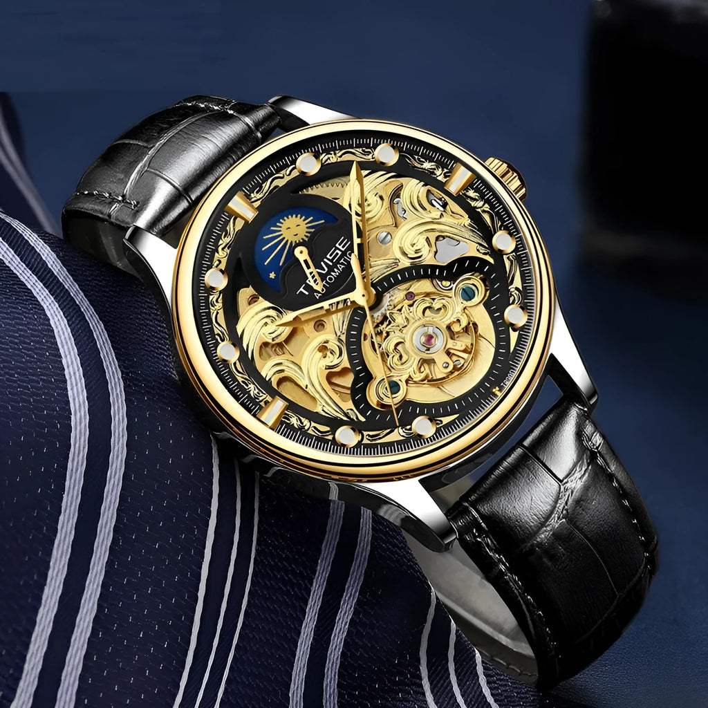 Men's automatic waterproof mechanical watch with 16mm case and leather strap