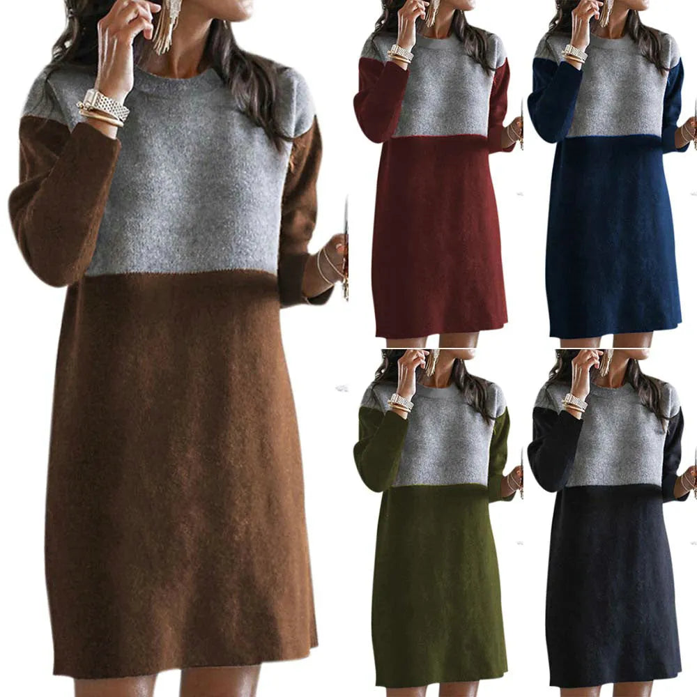 Brown women's long sleeve patchwork sweater dress with a round neck and loose fit.