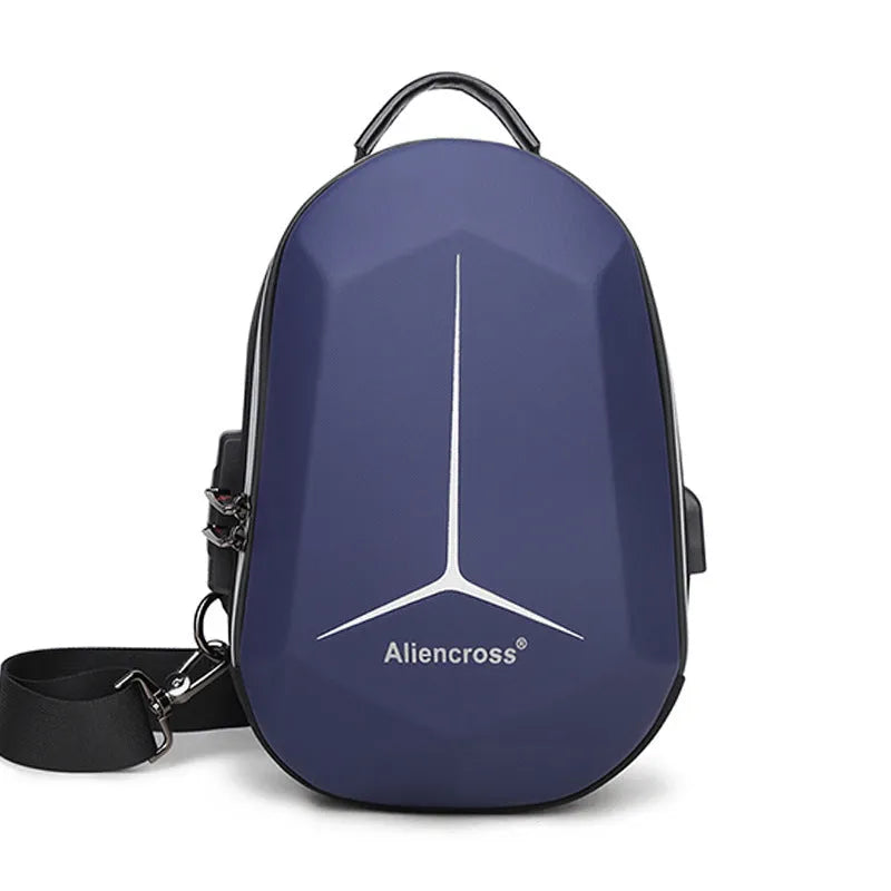 Waterproof Oxford cloth chest bag in black, shown with items like iPad, phone, and wallet inside.