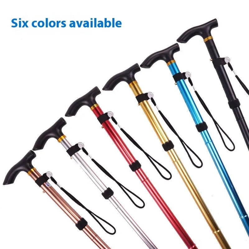 Aluminium folding walking stick extended to show adjustable length and non-slip rubber tip.