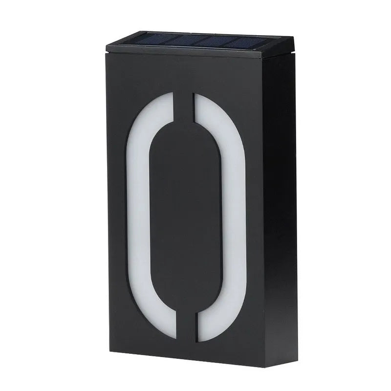 Solar powered house number light with 6 LEDs and IP65 waterproof rating mounted on an exterior wall.