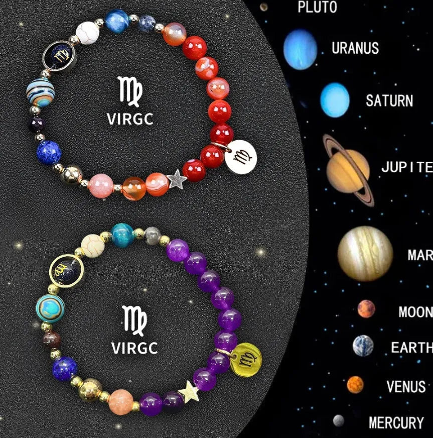 Natural stone beaded bracelets showing zodiac sign designs for all twelve star symbols